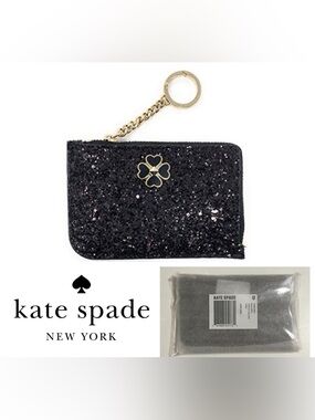 🆕KATE SPADE - NWT - BLACK SPARKLE GLITTER CARD HOLDER WALLET KEYCHAIN / FOB